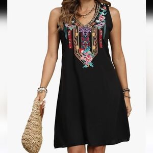 Women's Black Bohemian V-neck Colorful Embroidered Sleeveless Dress - Size Small